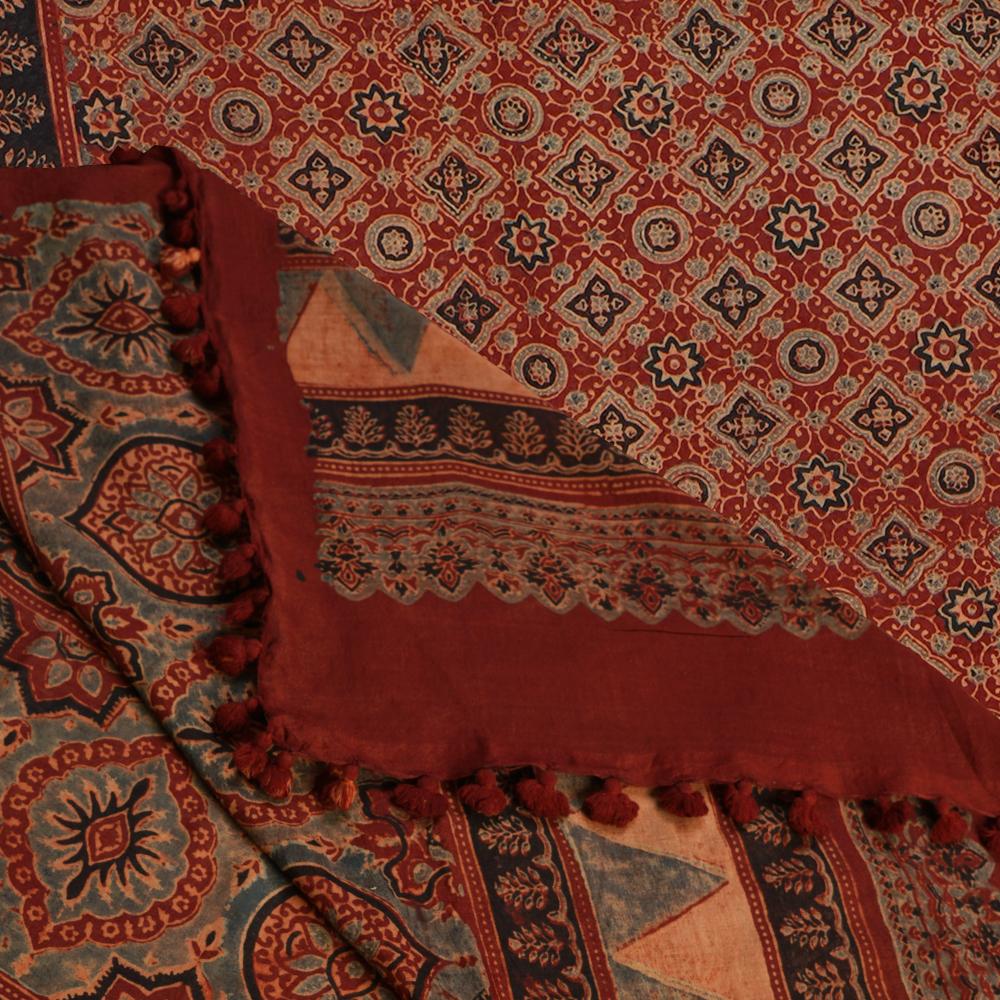 Rust Color Handcrafted Ajrak Printed Gajji Silk Dupatta with Tassels