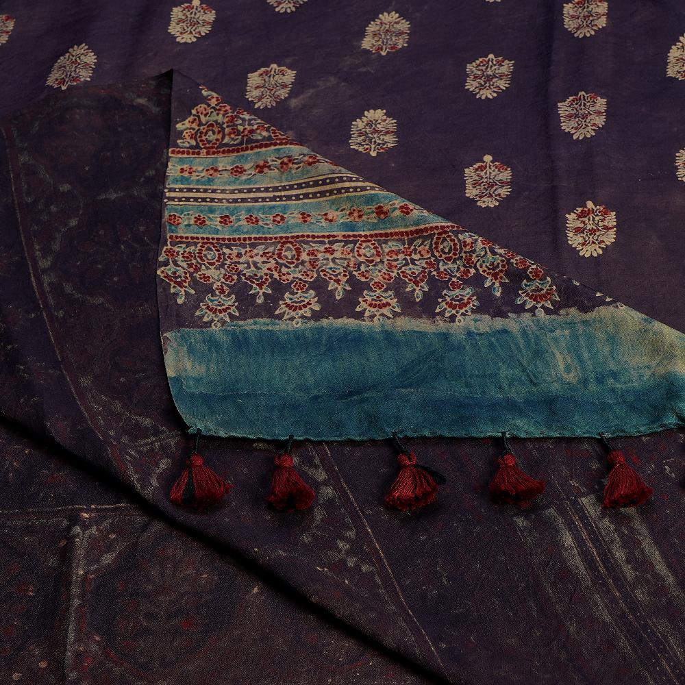 Purple Color Handcrafted Ajrak Printed Gajji Silk Dupatta with Tassels