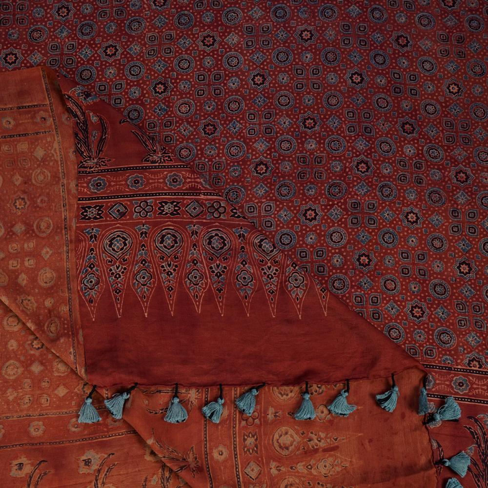 Rust Color Handcrafted Ajrak Printed Gajji Silk Dupatta with Tassels