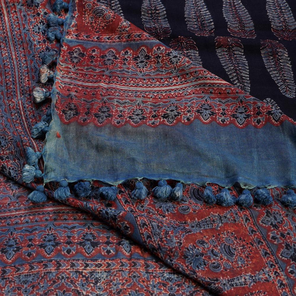 Multi Color Handcrafted Ajrak Printed Gajji Silk Dupatta with Tassels