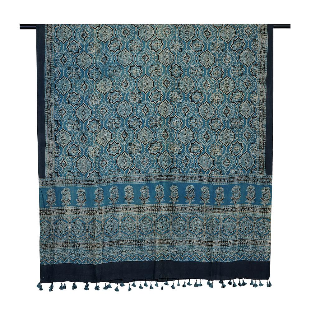 Blue Color Handcrafted Ajrak Printed Silk Dupatta with Tassels