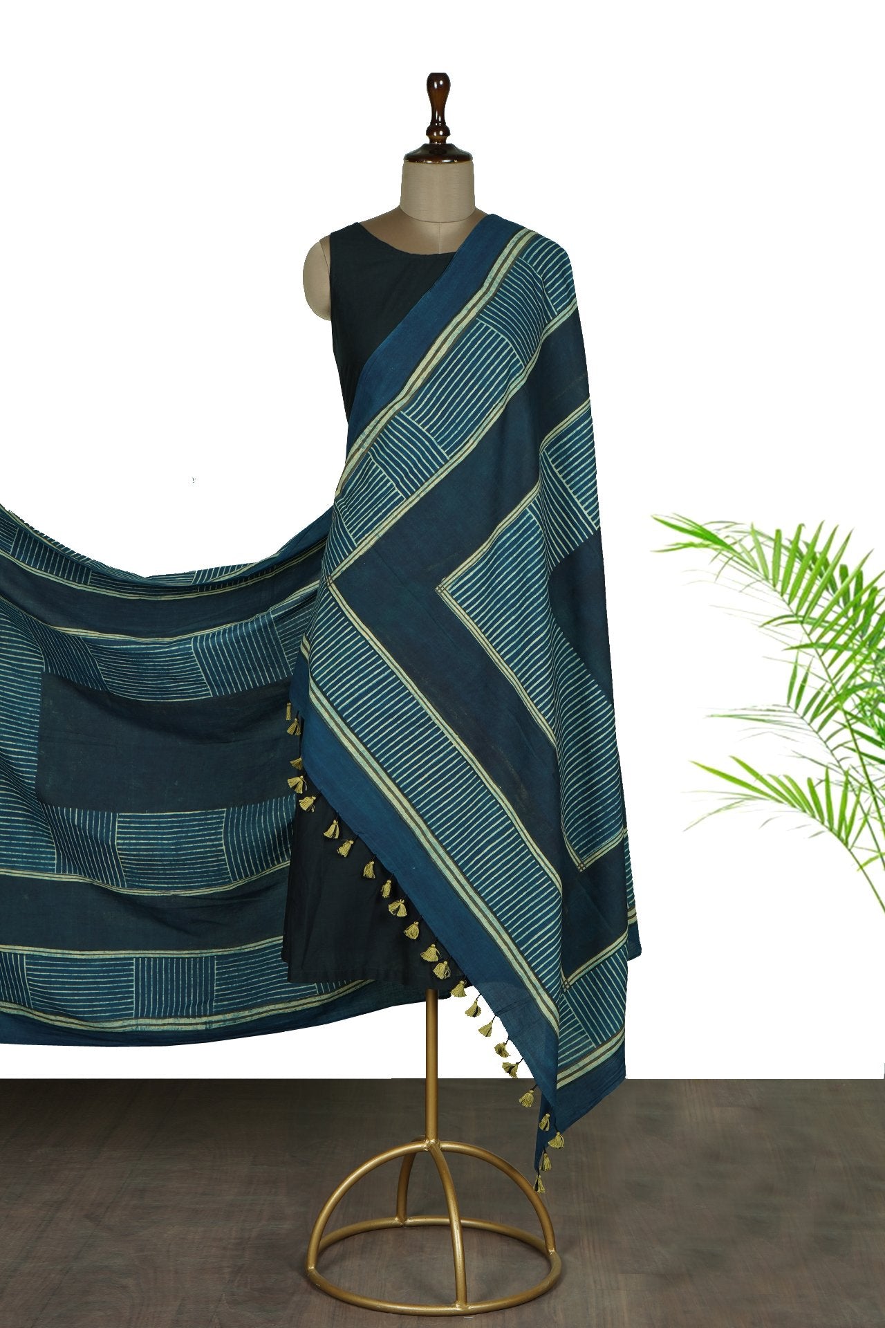 Blue Color Handcrafted Ajrak Printed Pure Cotton Dupatta with Tassels