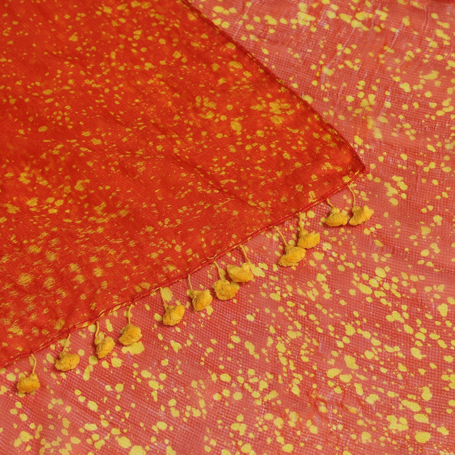 Orange Color Printed Kota Silk Stole with Tassels
