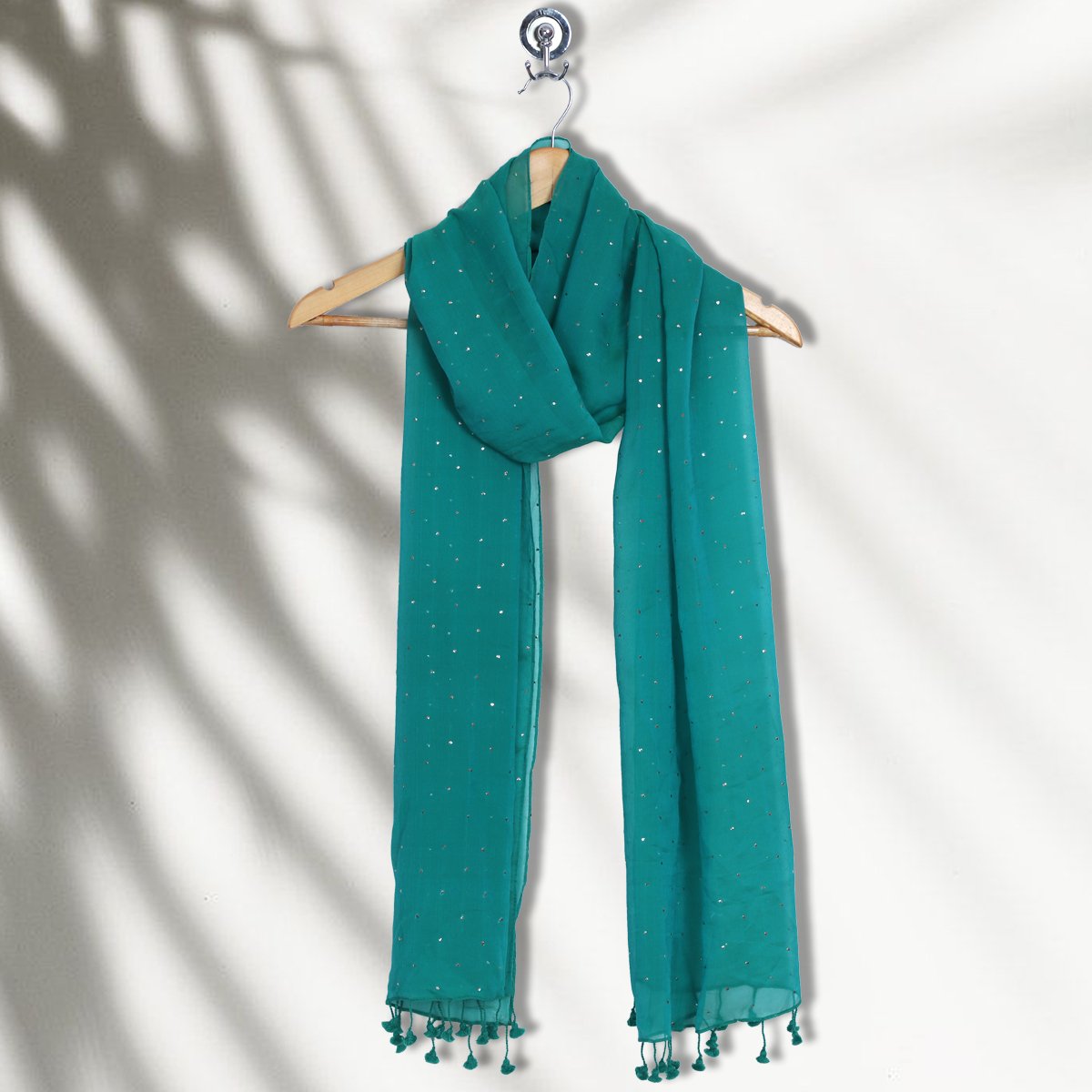 Teal Color Printed Chiffon Silk Stole with Tassels