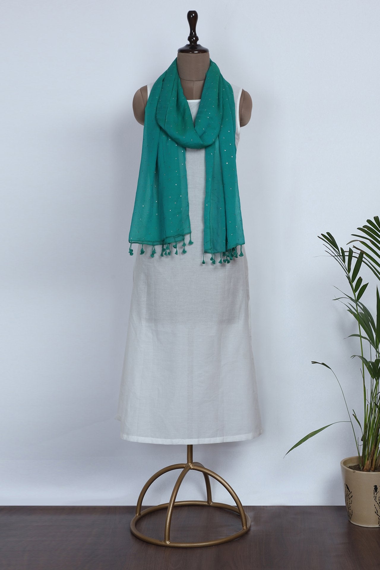 Teal Color Printed Chiffon Silk Stole with Tassels