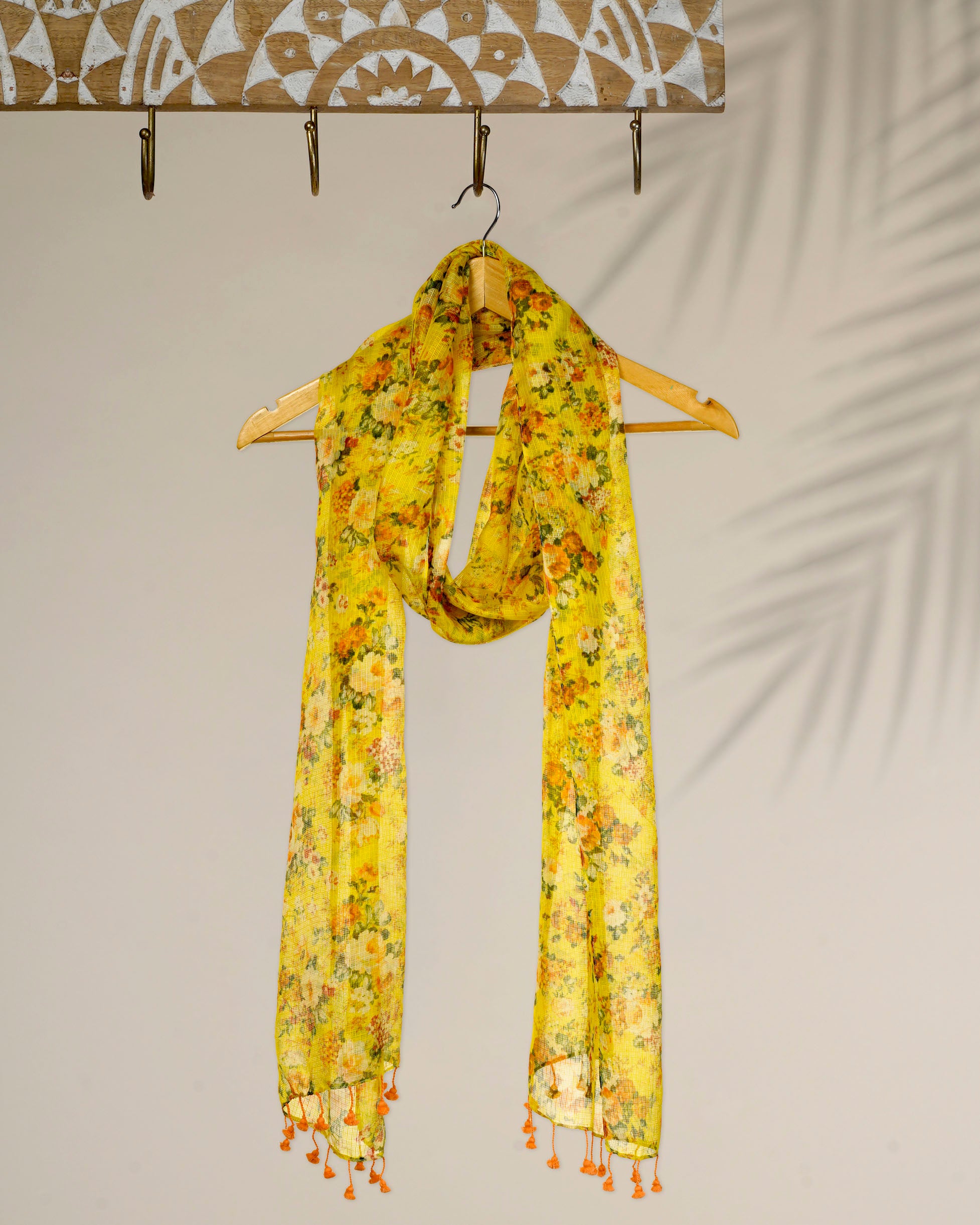 Yellow Color Printed Kota Silk Stole with Tassels