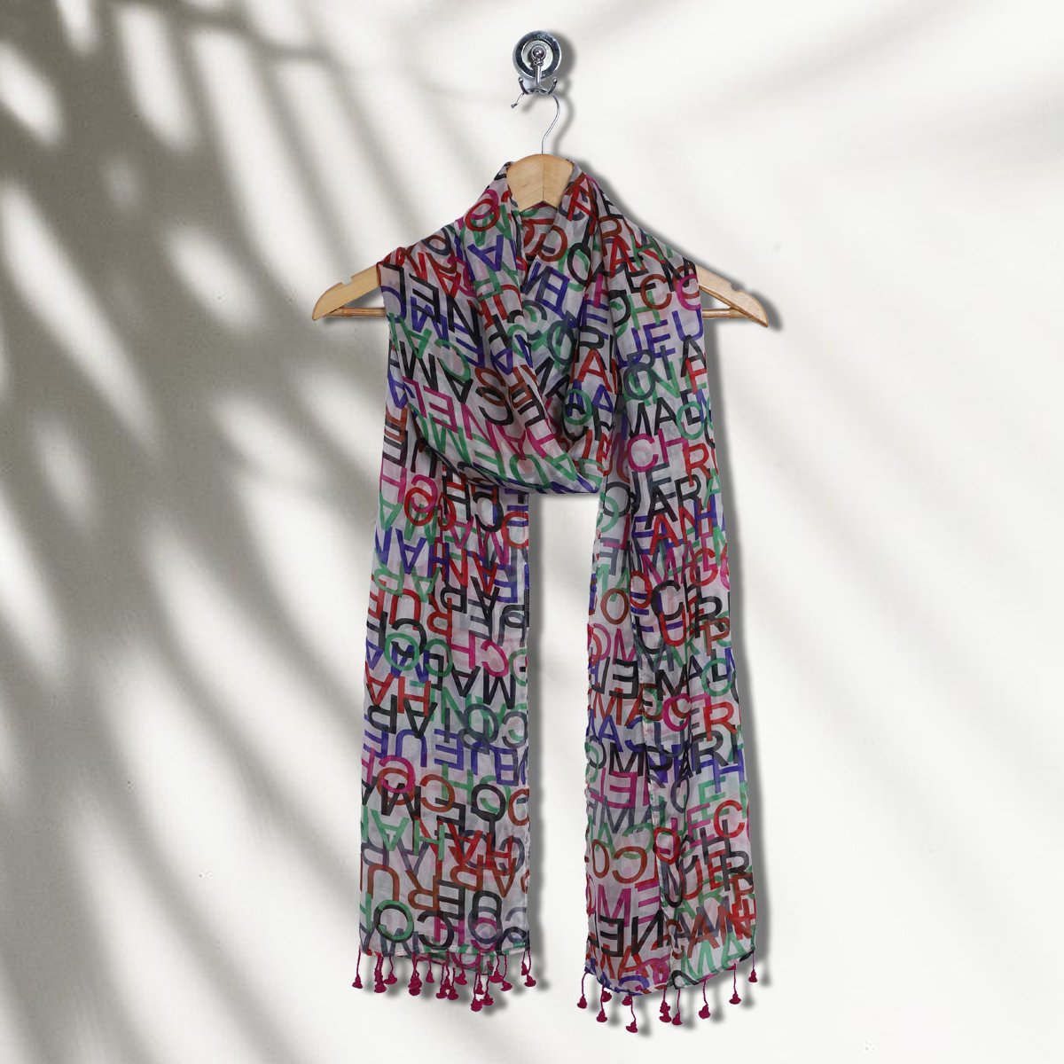 Multi Color Printed Flat Chiffon Stole with Tassels