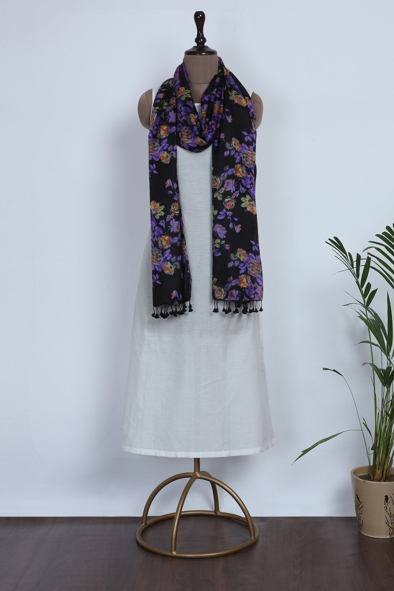Multi Color Printed Flat Chiffon Stole with Tassels