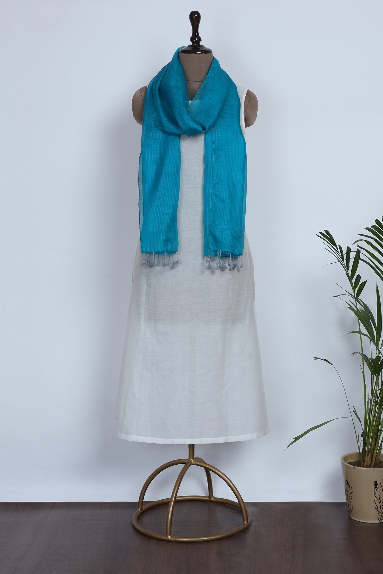 Turquoise Color Kota Silk Stole with Tassels