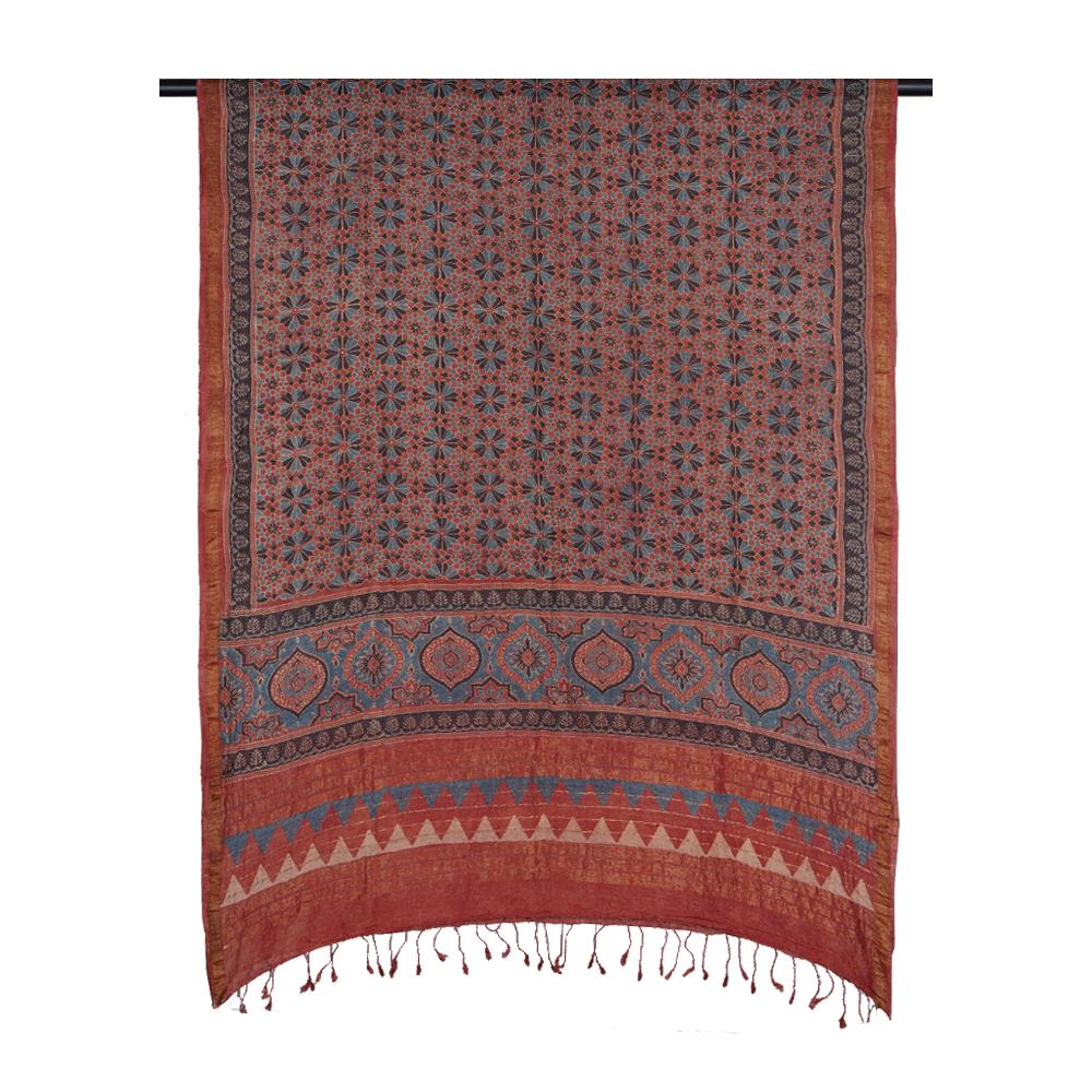 Brick Red Color Handcrafted Ajrak Printed Silk Dupatta with Tassels