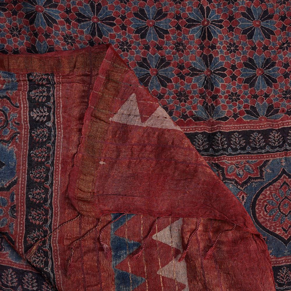 Brick Red Color Handcrafted Ajrak Printed Silk Dupatta with Tassels