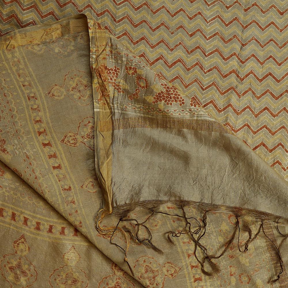 Metallic Color Handcrafted Ajrak Printed Silk Dupatta with Tassels