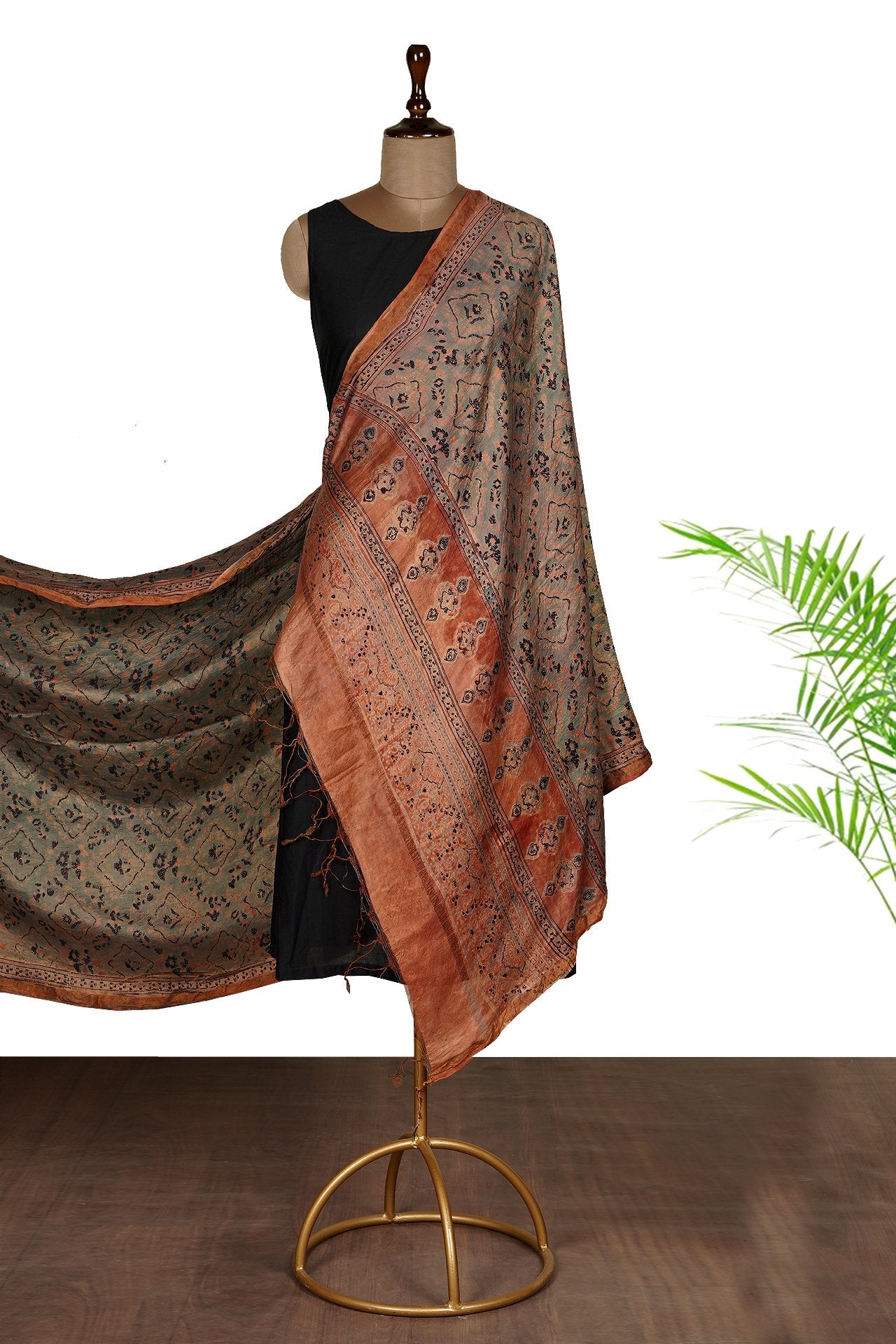 Multi Color Handcrafted Ajrak Printed Silk Dupatta with Tassels