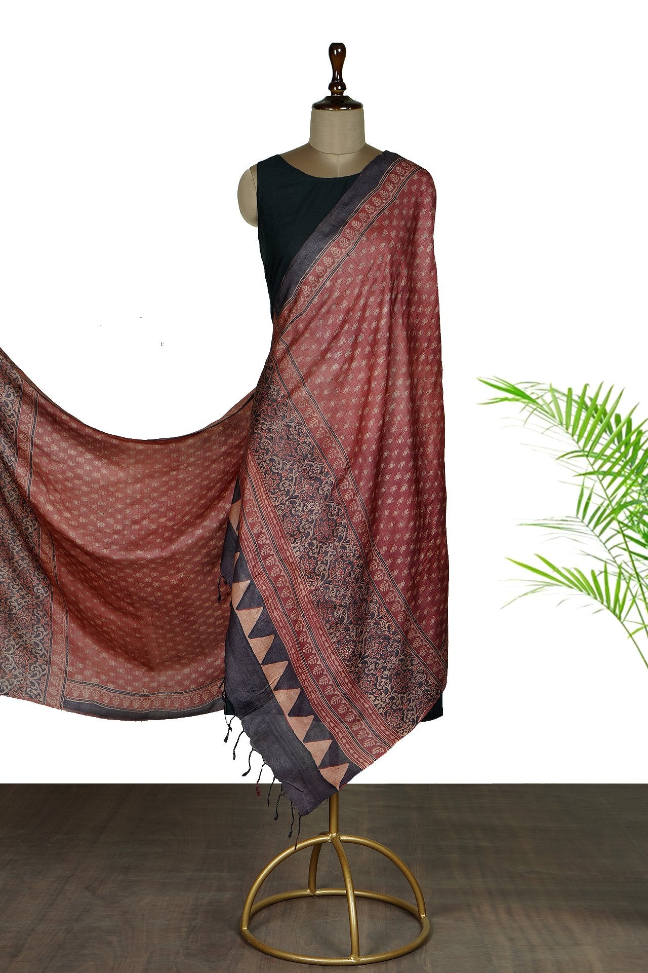 Multi Color Handcrafted Ajrak Printed Tussar Silk Dupatta with Tassels