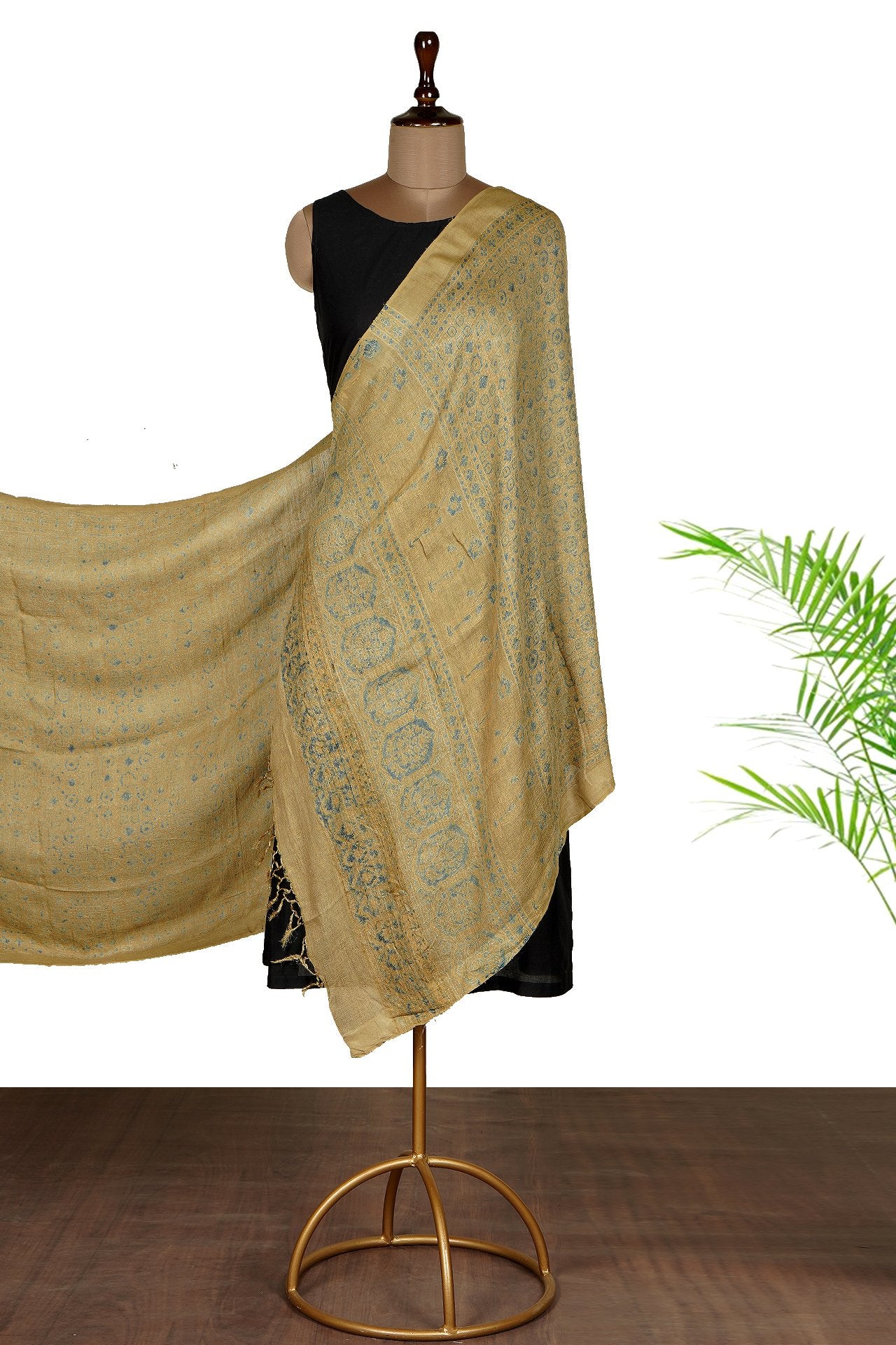 Amber Green Color Handcrafted Ajrak Printed Silk Dupatta with Tassels