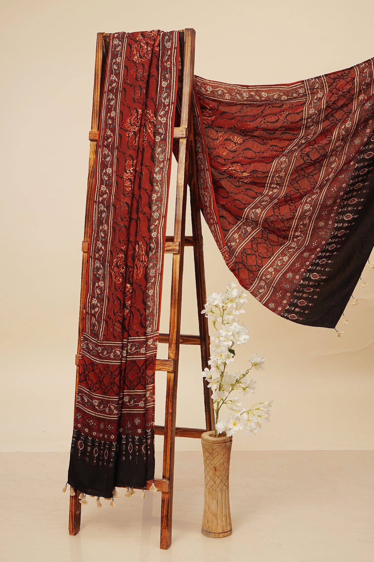 Brown-Black Color Handcrafted Ajrak Printed Modal Dupatta with Tassels