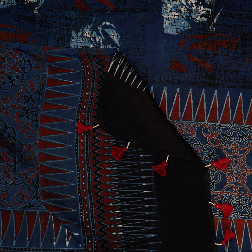 Dark Blue-Brown Color Handcrafted Ajrak Printed Modal Dupatta with Tassels