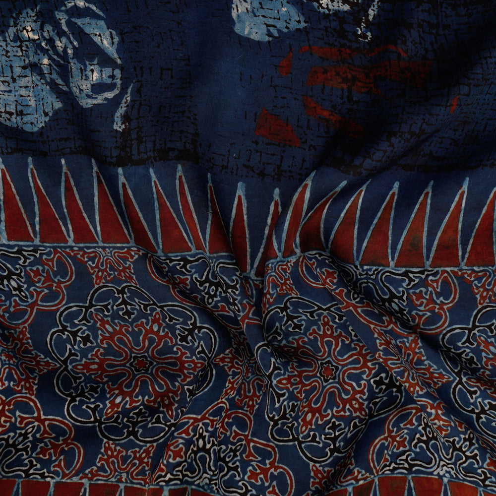 Dark Blue-Brown Color Handcrafted Ajrak Printed Modal Dupatta with Tassels