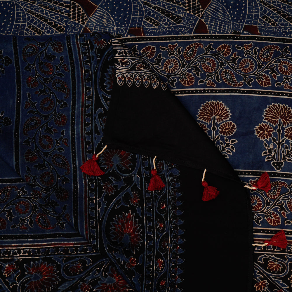 Dark Blue Color Handcrafted Ajrak Printed Modal Dupatta with Tassels