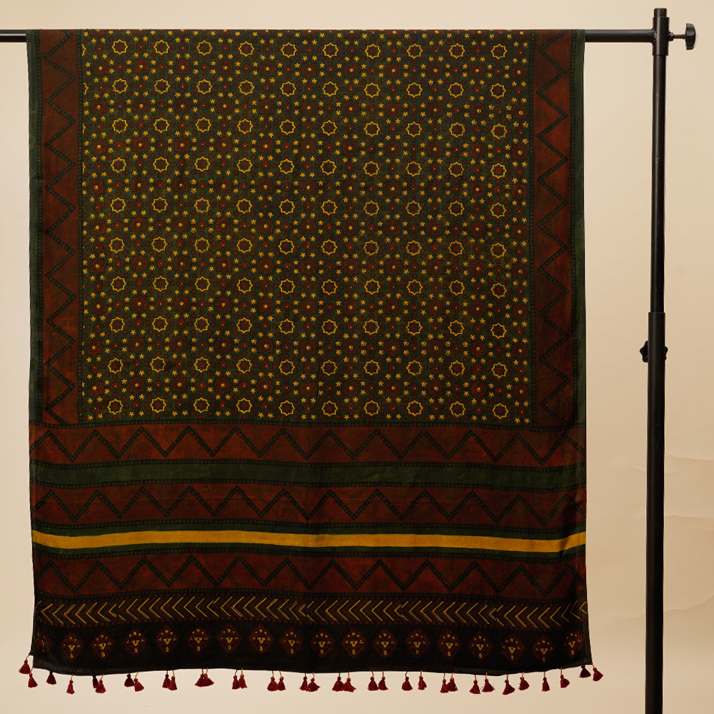 Dark Green-Yellow Color Handcrafted Ajrak Printed Modal Dupatta with Tassels