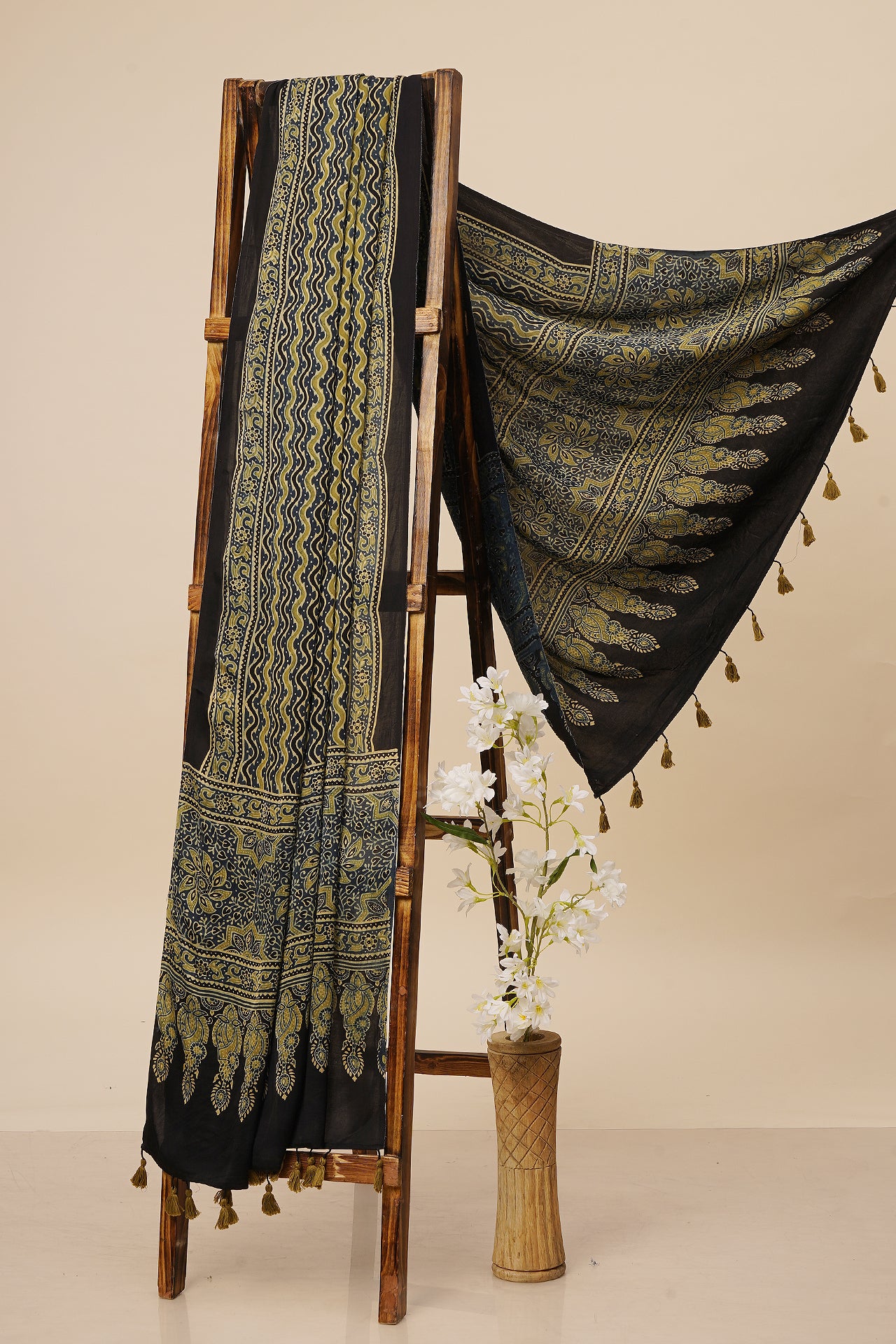 Dark Blue-Henna Green Color Handcrafted Ajrak Printed Modal Dupatta with Tassels