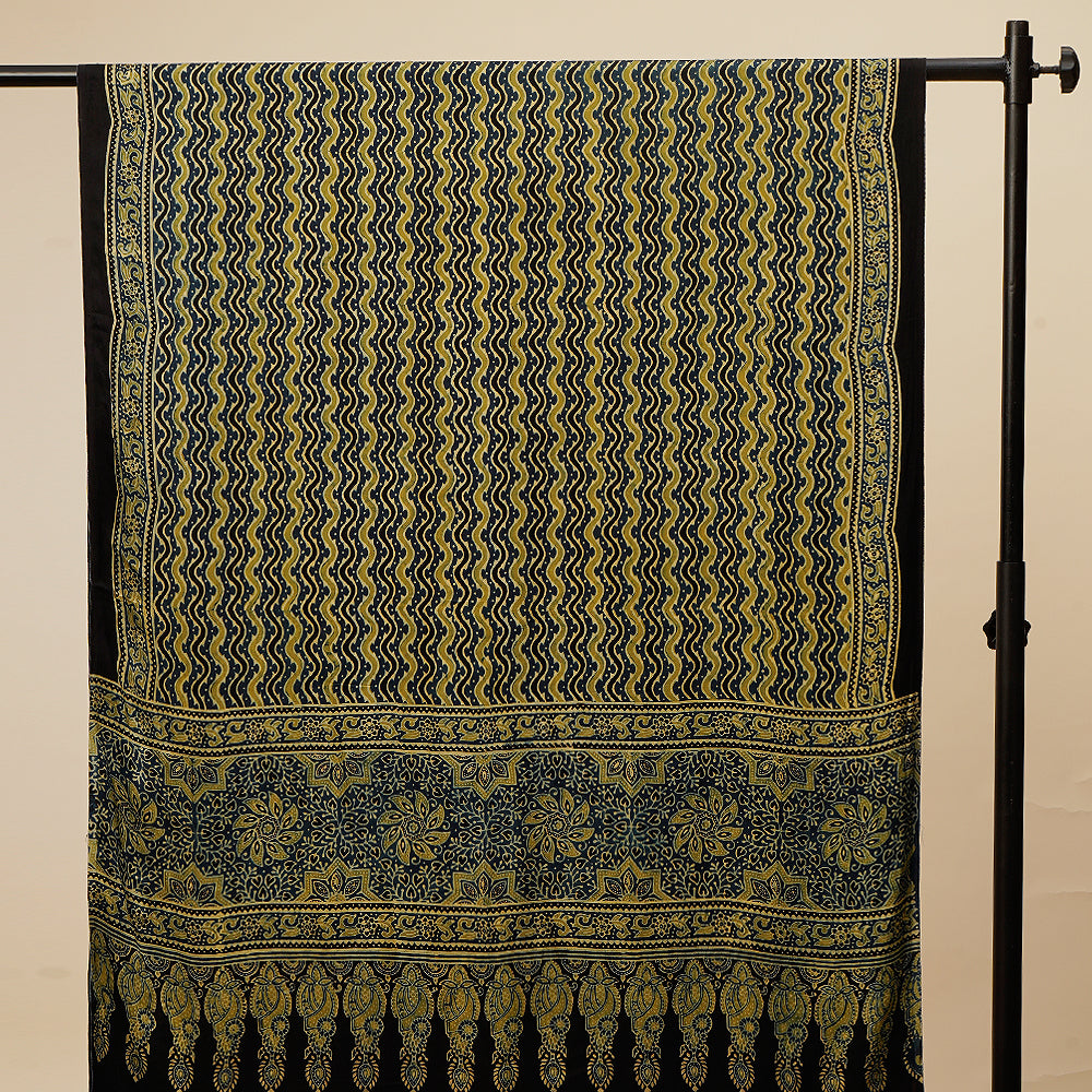 Dark Blue-Henna Green Color Handcrafted Ajrak Printed Modal Dupatta with Tassels