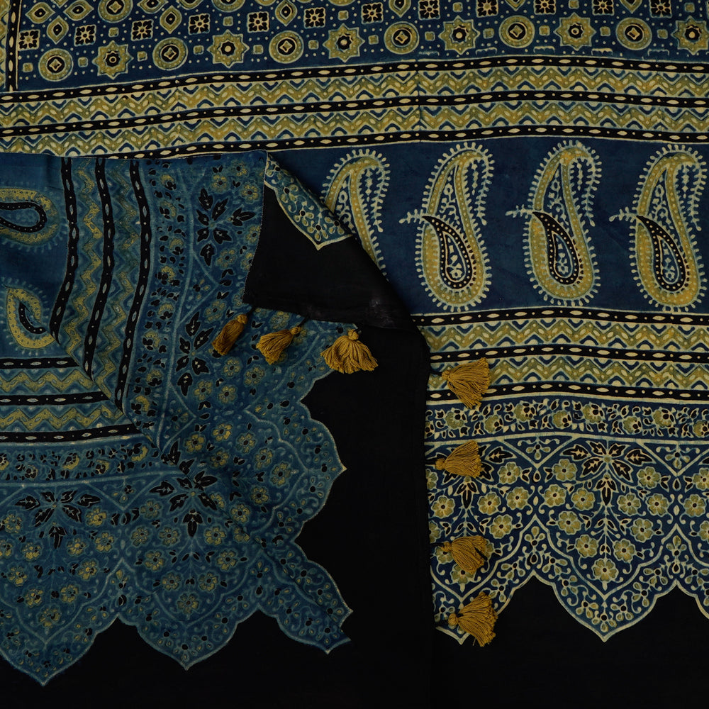 Indigo Color Handcrafted Ajrak Printed Modal Dupatta with Tassels
