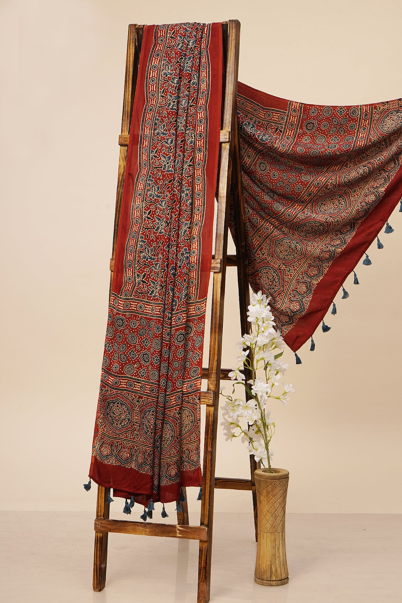 Maroon-Indigo Color Handcrafted Ajrak Modal Printed Dupatta with Tassels