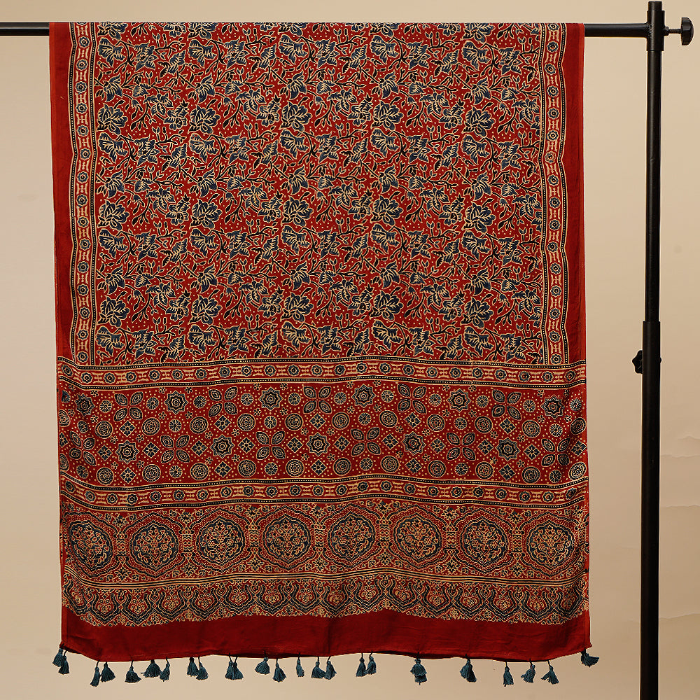 Maroon-Indigo Color Handcrafted Ajrak Modal Printed Dupatta with Tassels