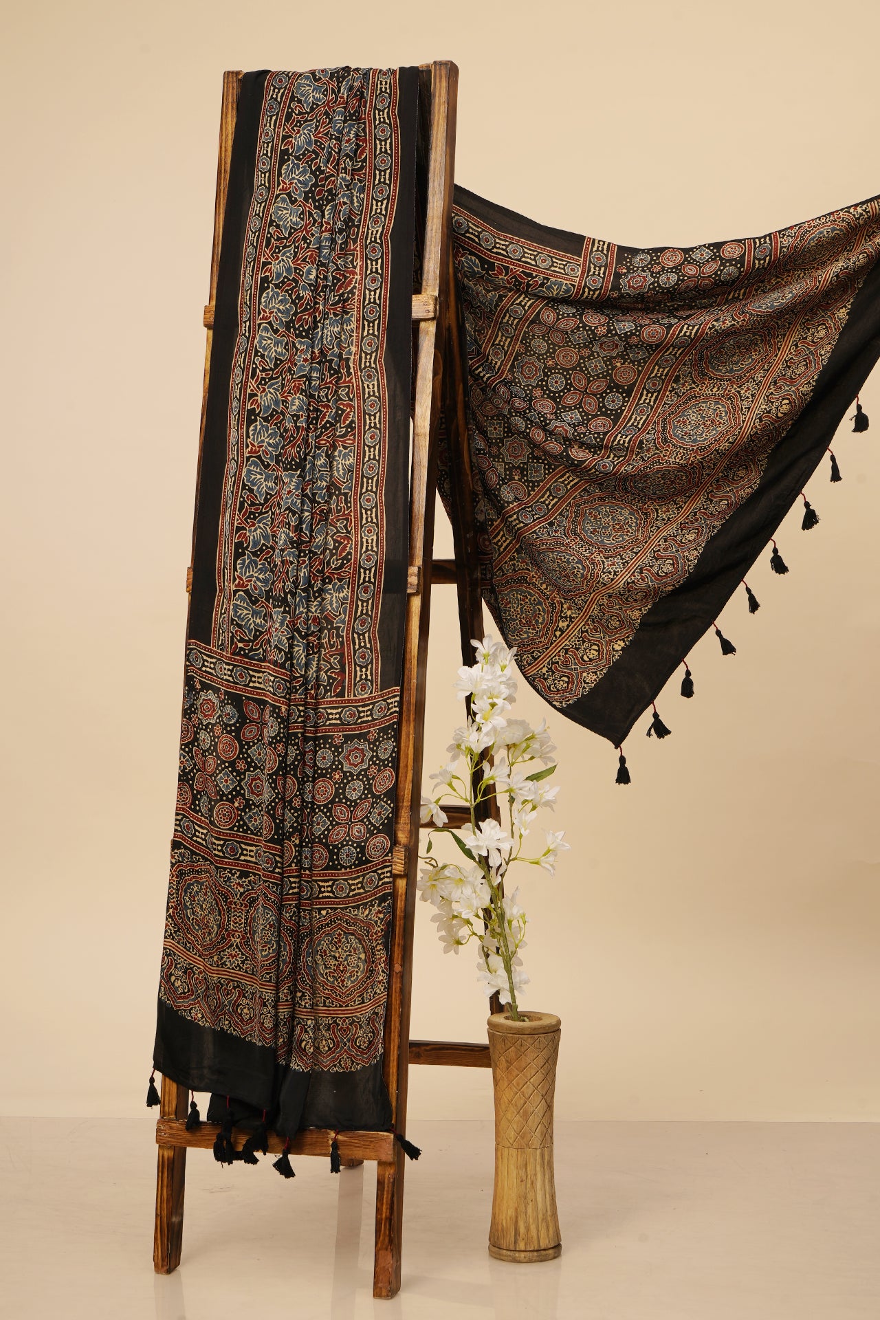 Black-Maroon Color Handcrafted Ajrak Printed Modal Dupatta with Tassels