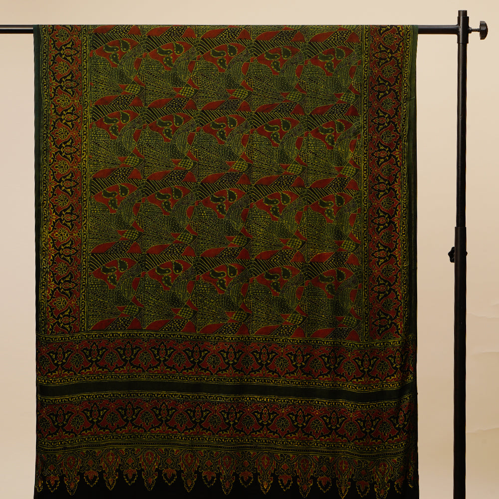 Green Color Handcrafted Ajrak Printed Modal Dupatta with Tassels