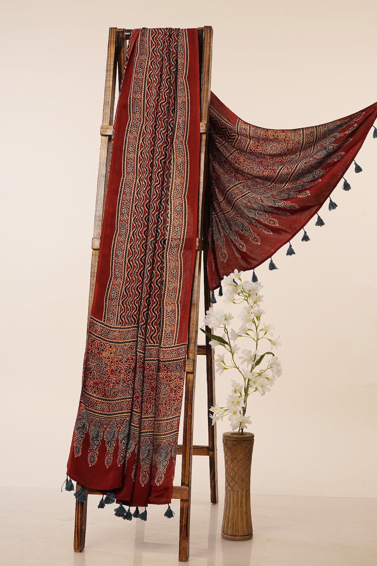 Maroon Color Handcrafted Ajrak Printed Modal Dupatta with Tassels