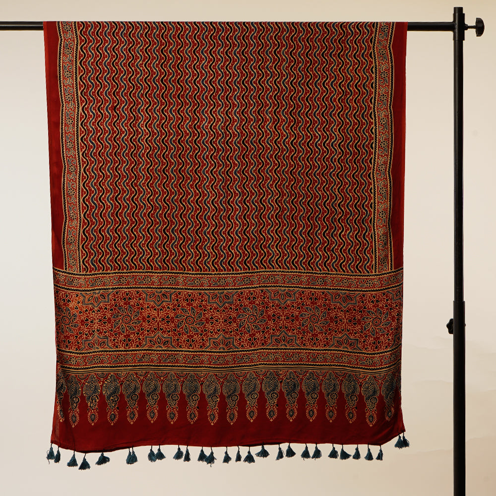 Maroon Color Handcrafted Ajrak Printed Modal Dupatta with Tassels
