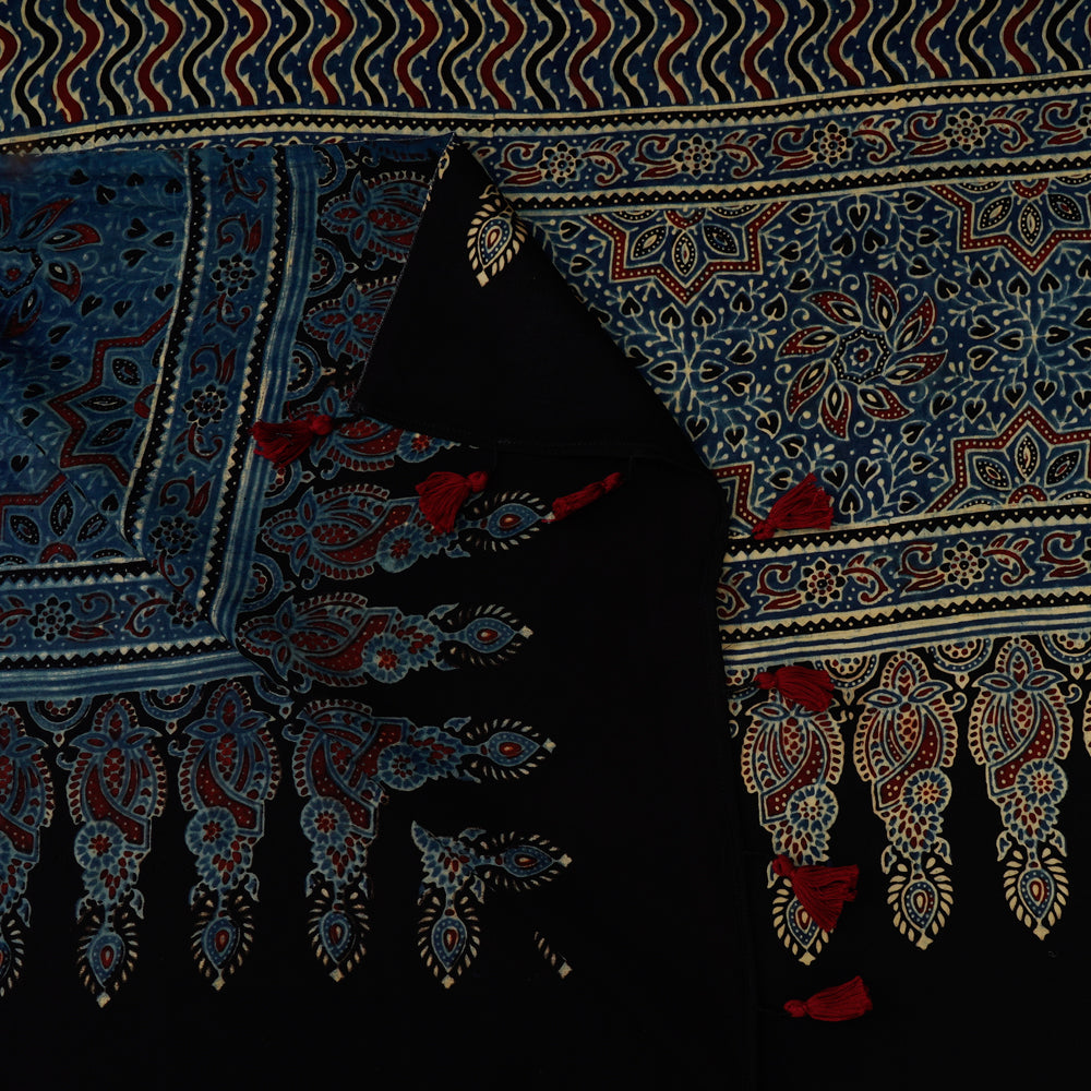 Dark Blue Color Handcrafted Ajrak Printed Modal Dupatta with Tassels