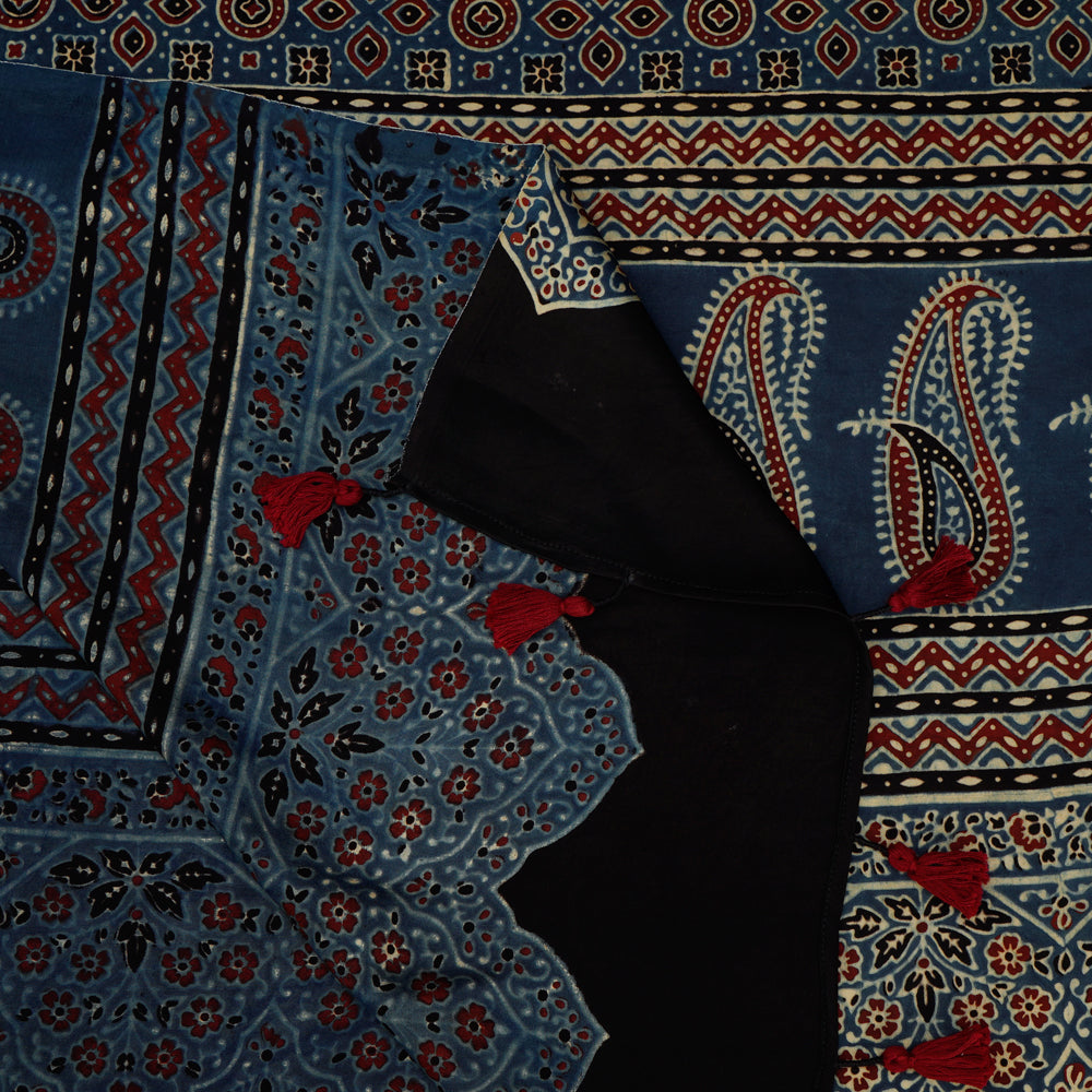 Dark Blue-Maroon Color Handcrafted Ajrak Printed Modal Dupatta with Tassels
