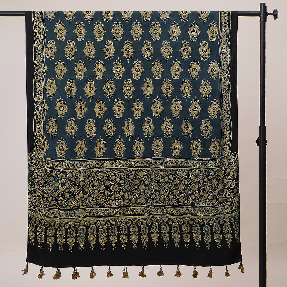 Blue-Henna Green Color Handcrafted Ajrak Printed Modal Dupatta with Tassels