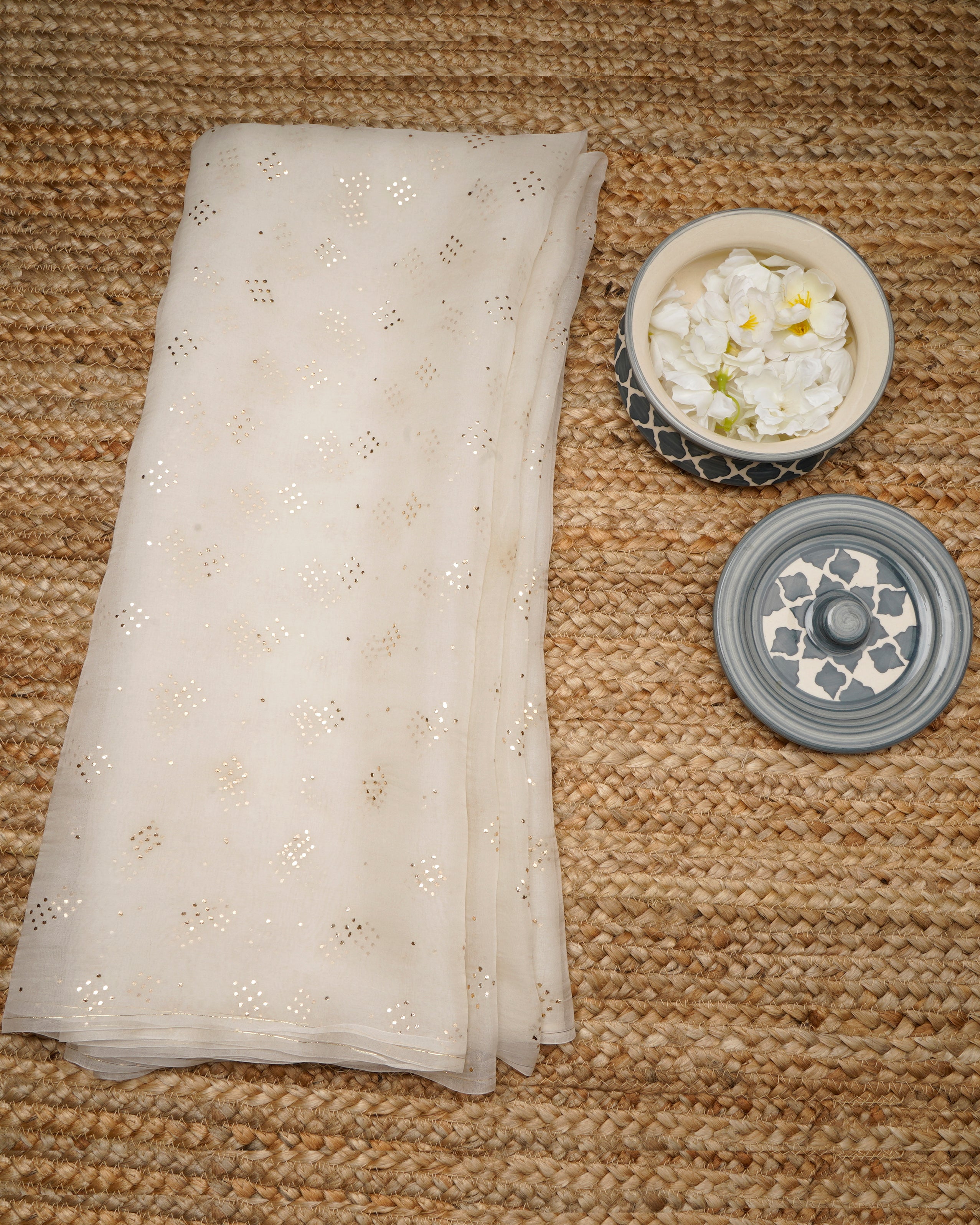 Off White Color Handcrafted Mukaish Work Pure Organza Silk Dupatta