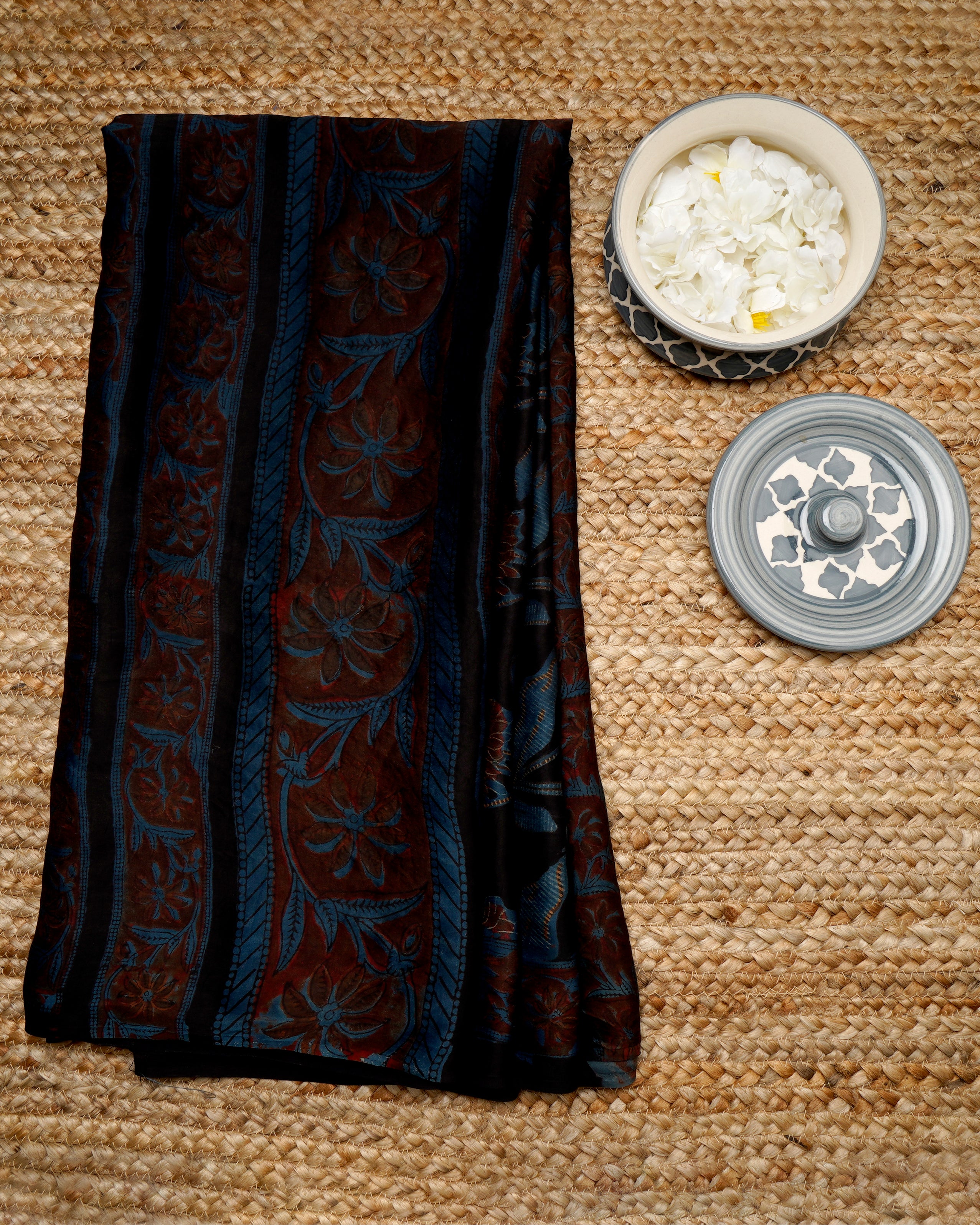 Blue-Black Floral Pattern Natural Dye Hand Block Ajarak Print Modal Dupatta