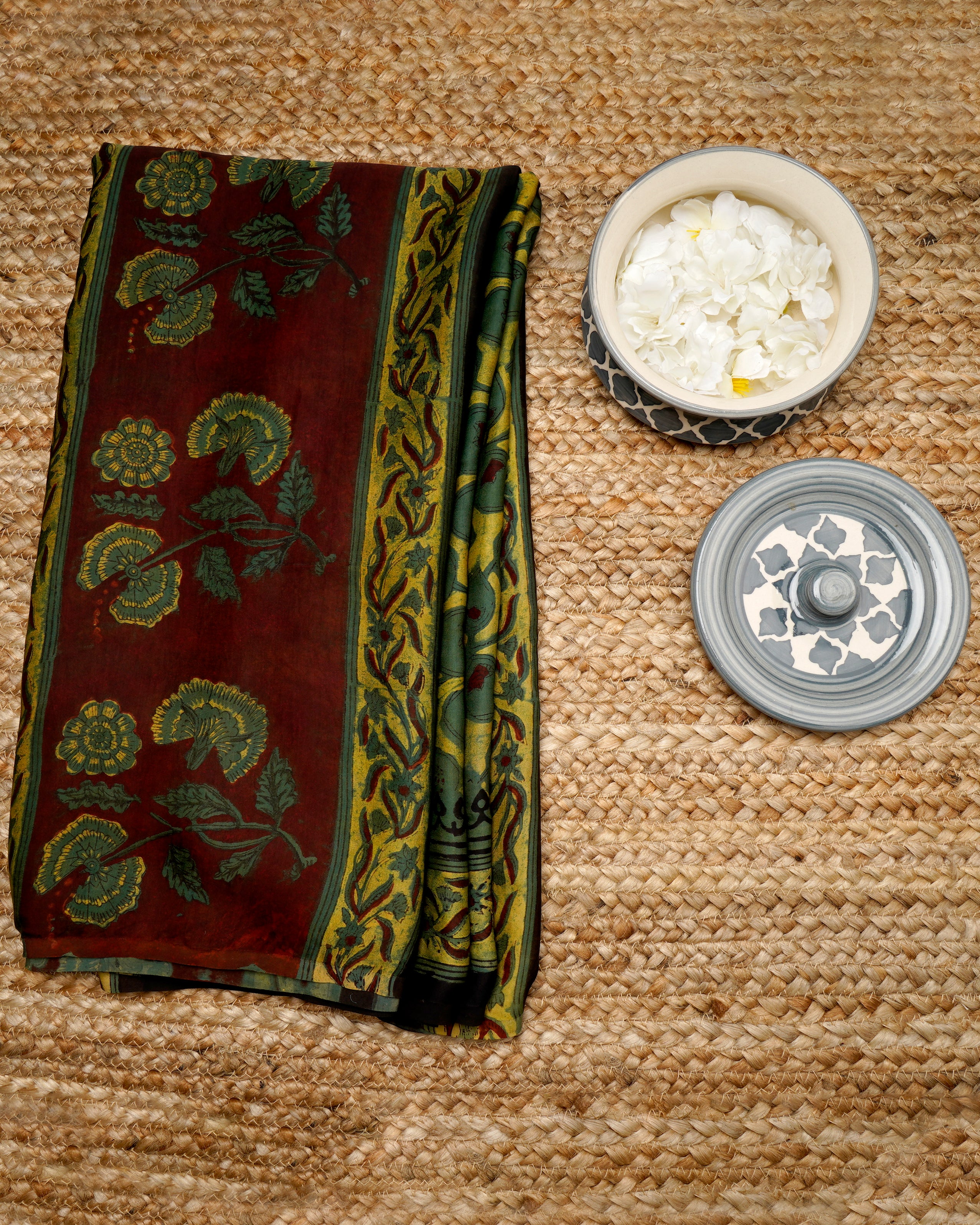 Green-Yellow Floral Pattern Natural Dye Hand Block Ajrak Print Modal Dupatta