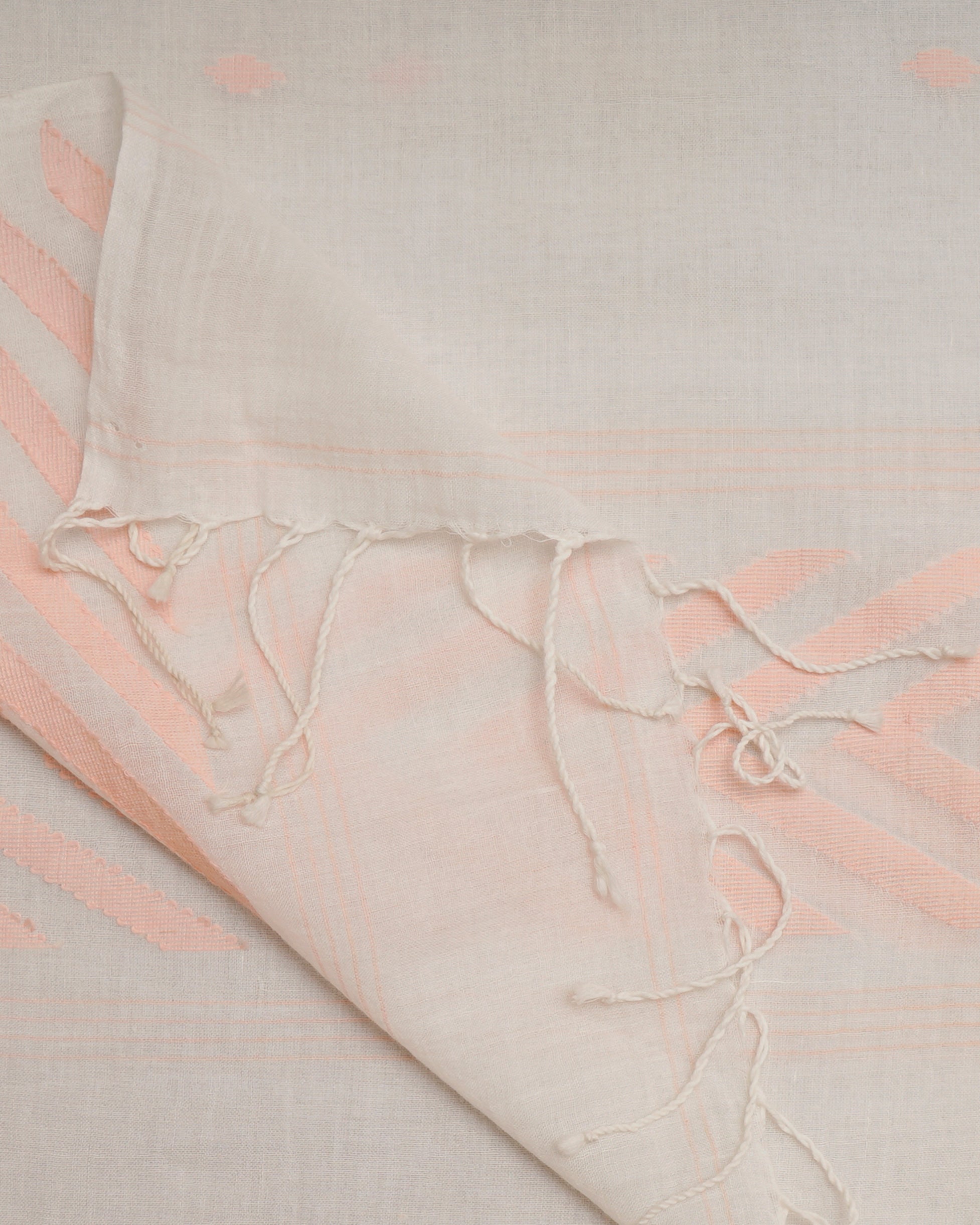 Cream-Peach Color Handloom Cotton Muslin Jamdani Stole with Tassels