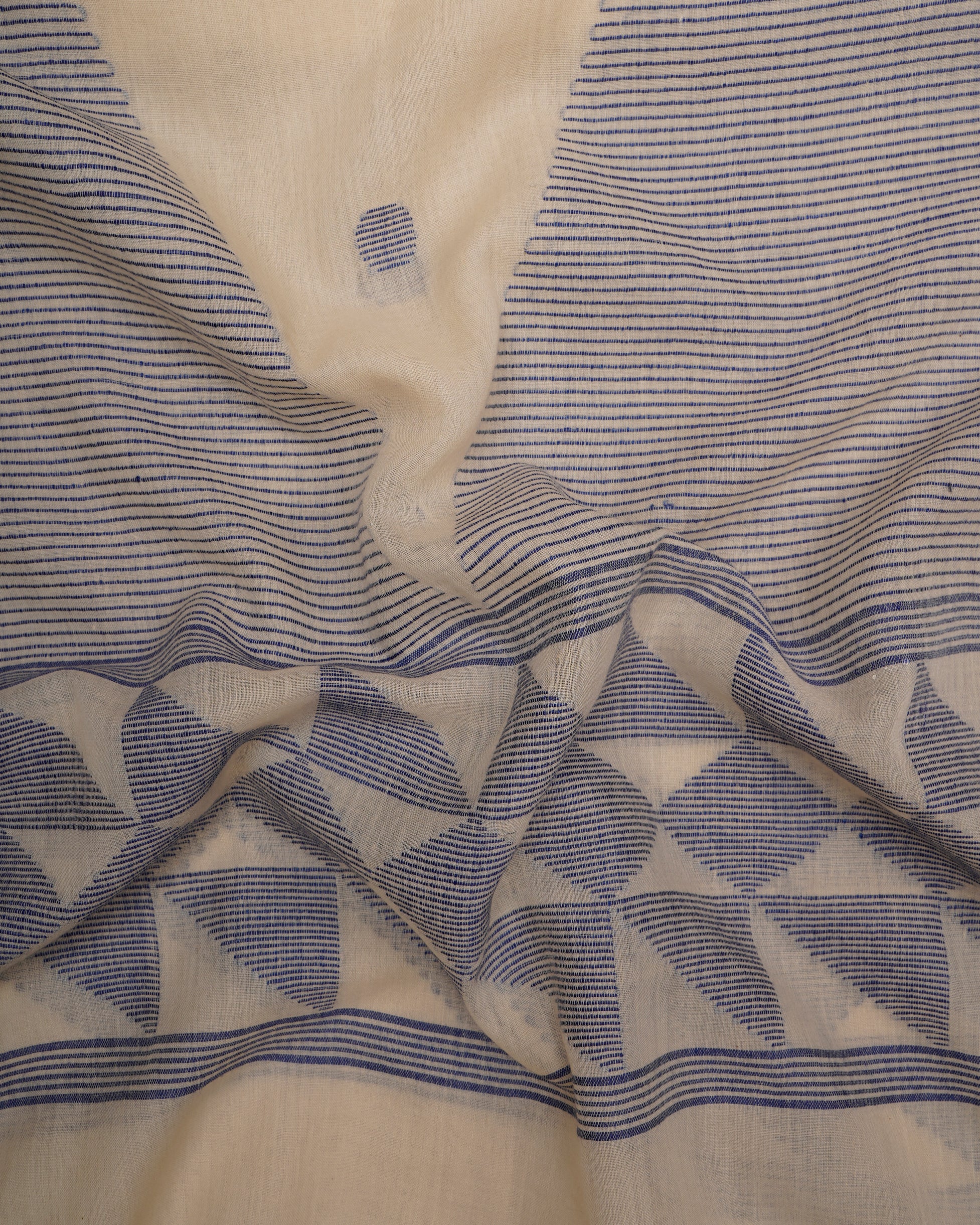 Cream-Blue Color Handloom Cotton Muslin Jamdani Stole with Tassels