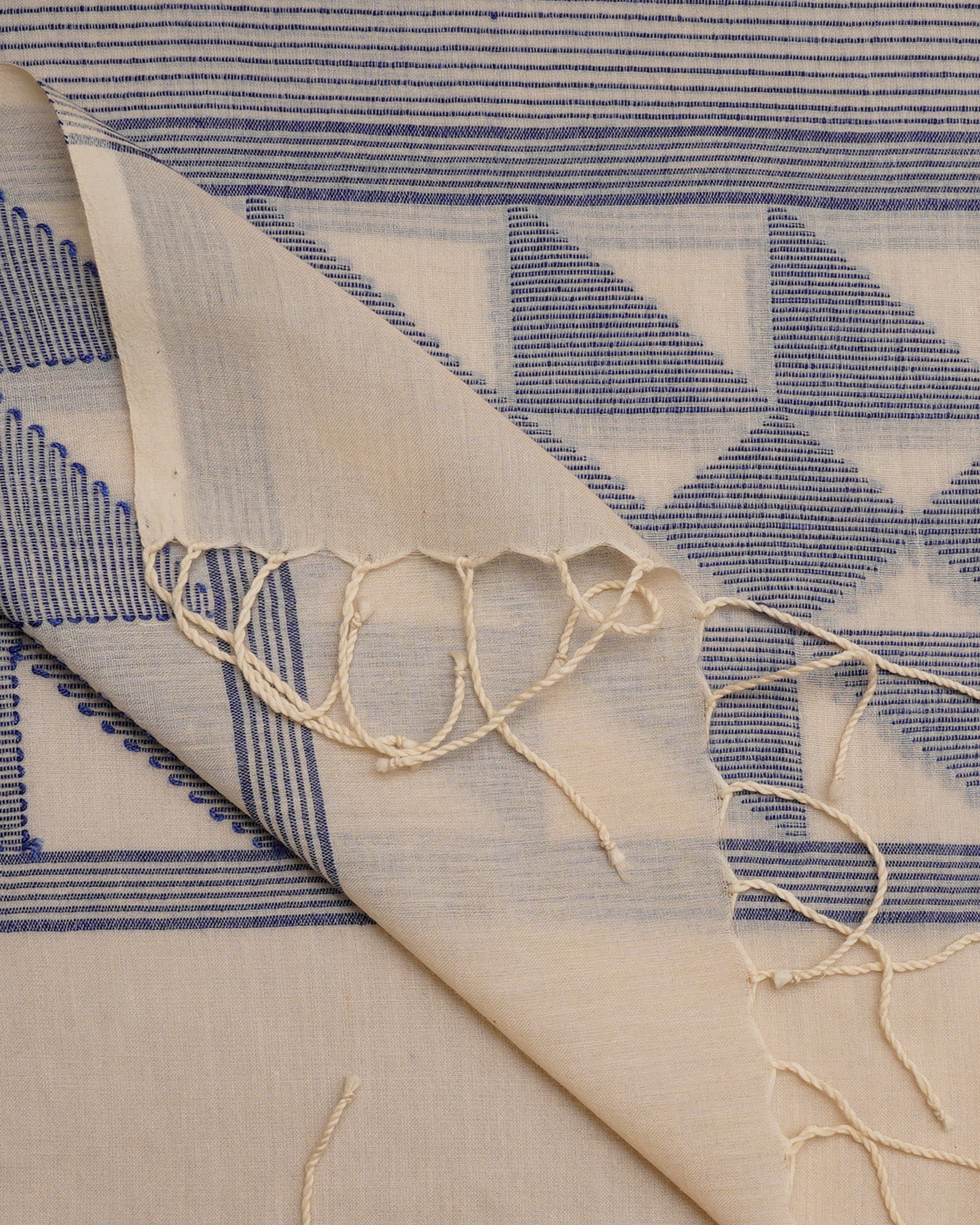 Cream-Blue Color Handloom Cotton Muslin Jamdani Stole with Tassels