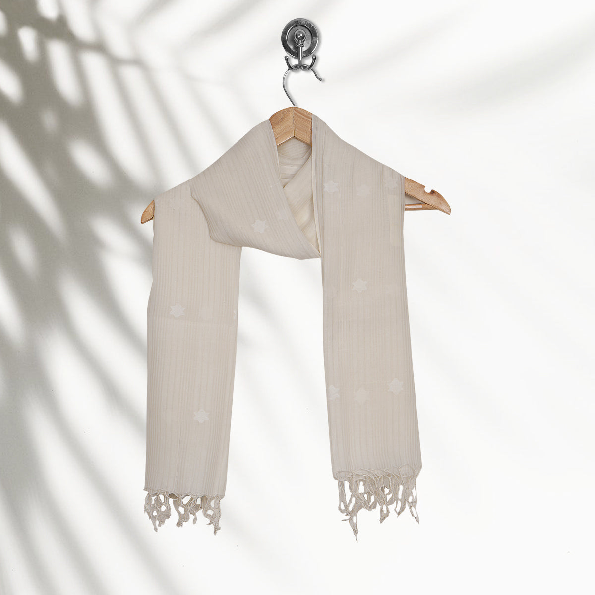Off White Color Handwoven Jamdani Cotton Stole With Tassels
