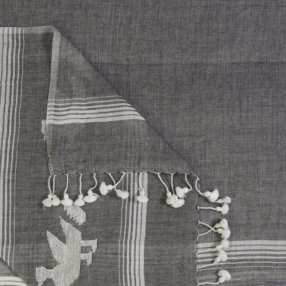 Grey Color Handwoven Jamdani Cotton Dupatta with Tassels