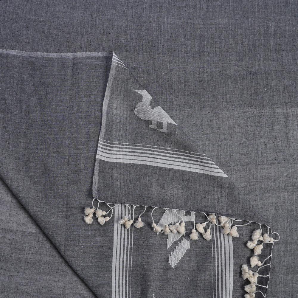 Grey Color Handwoven Jamdani Cotton Dupatta with Tassels