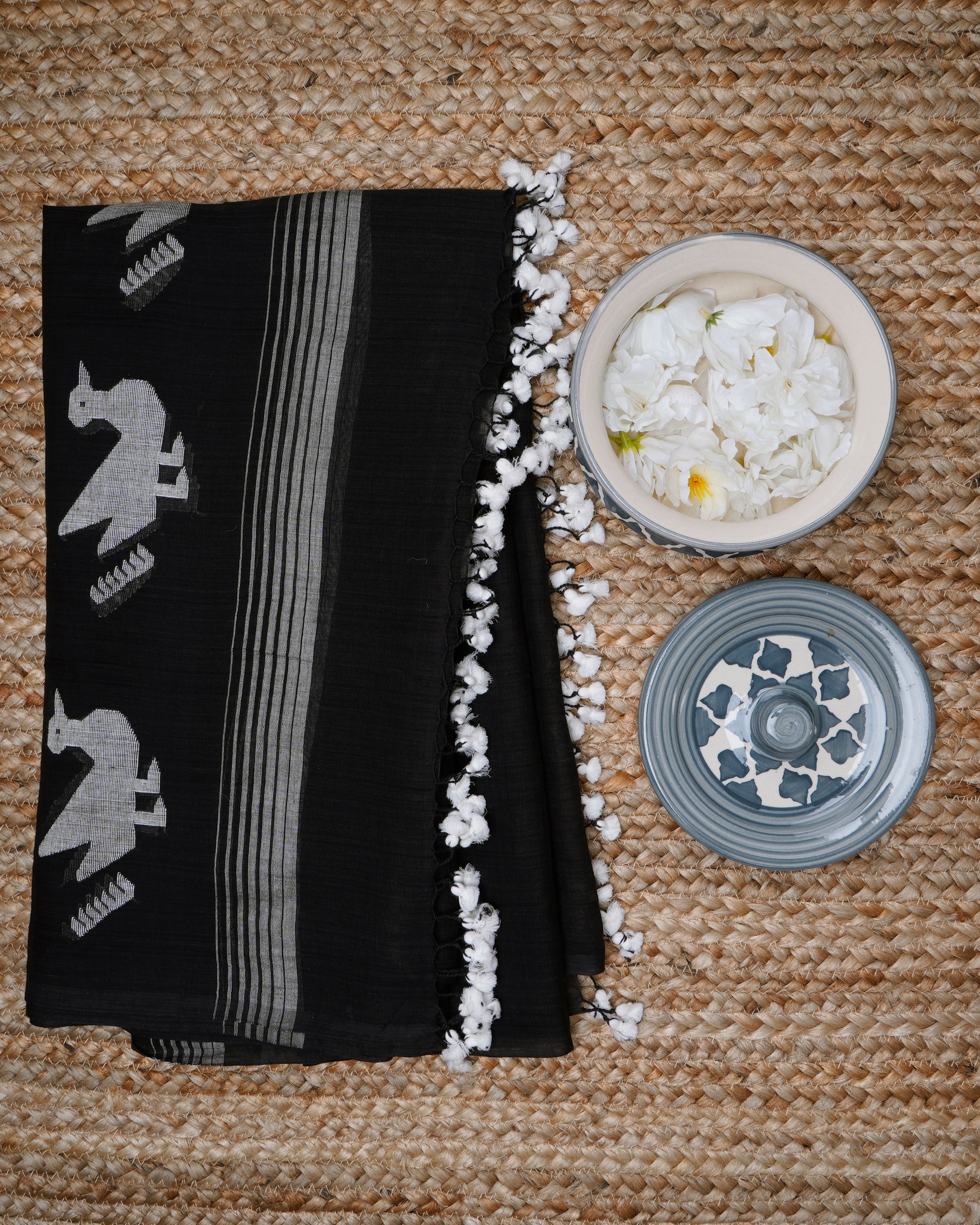 Black Color Handwoven Jamdani Cotton Dupatta with Tassels