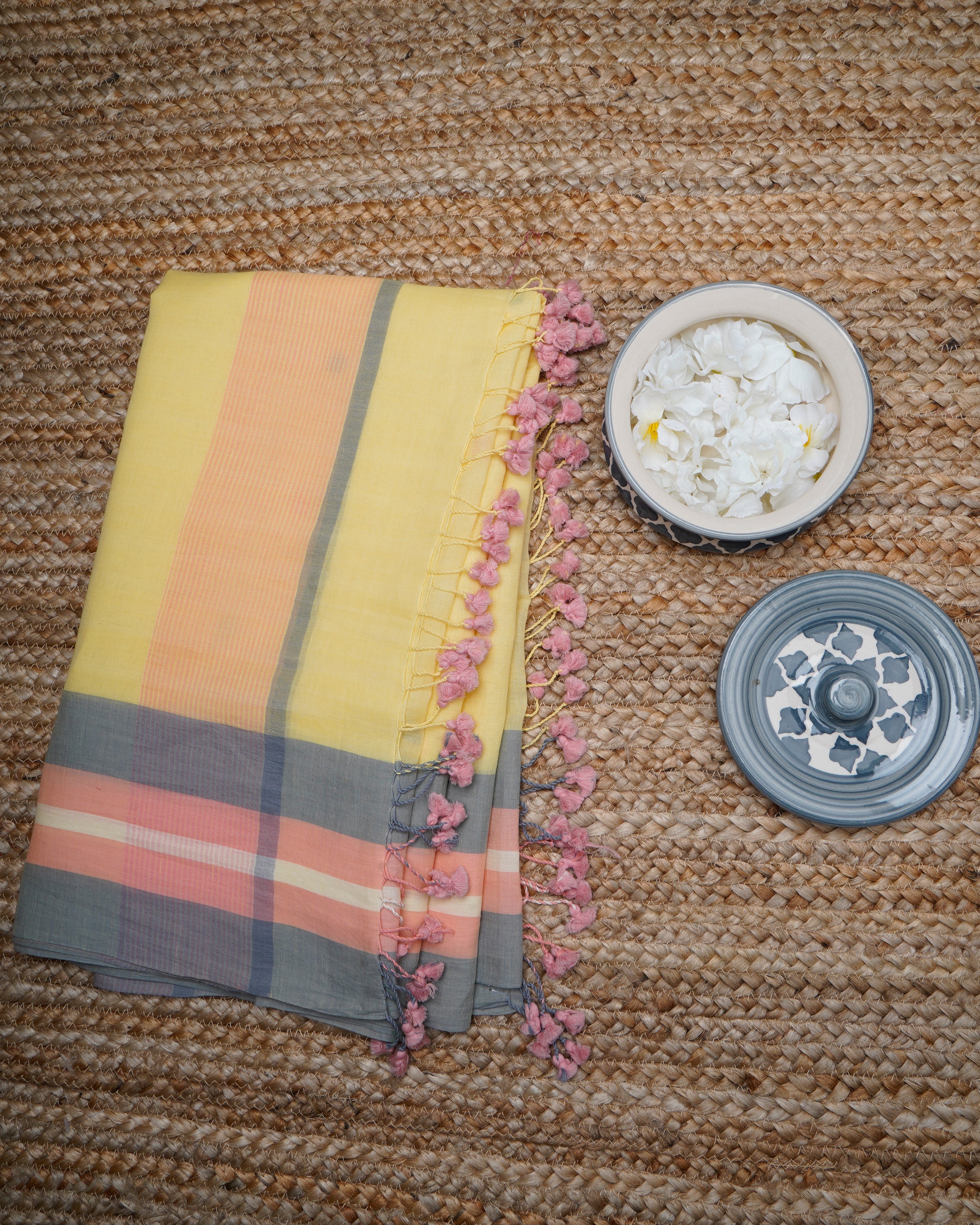 Yellow Color Handwoven Jamdani Cotton Dupatta with Tassels