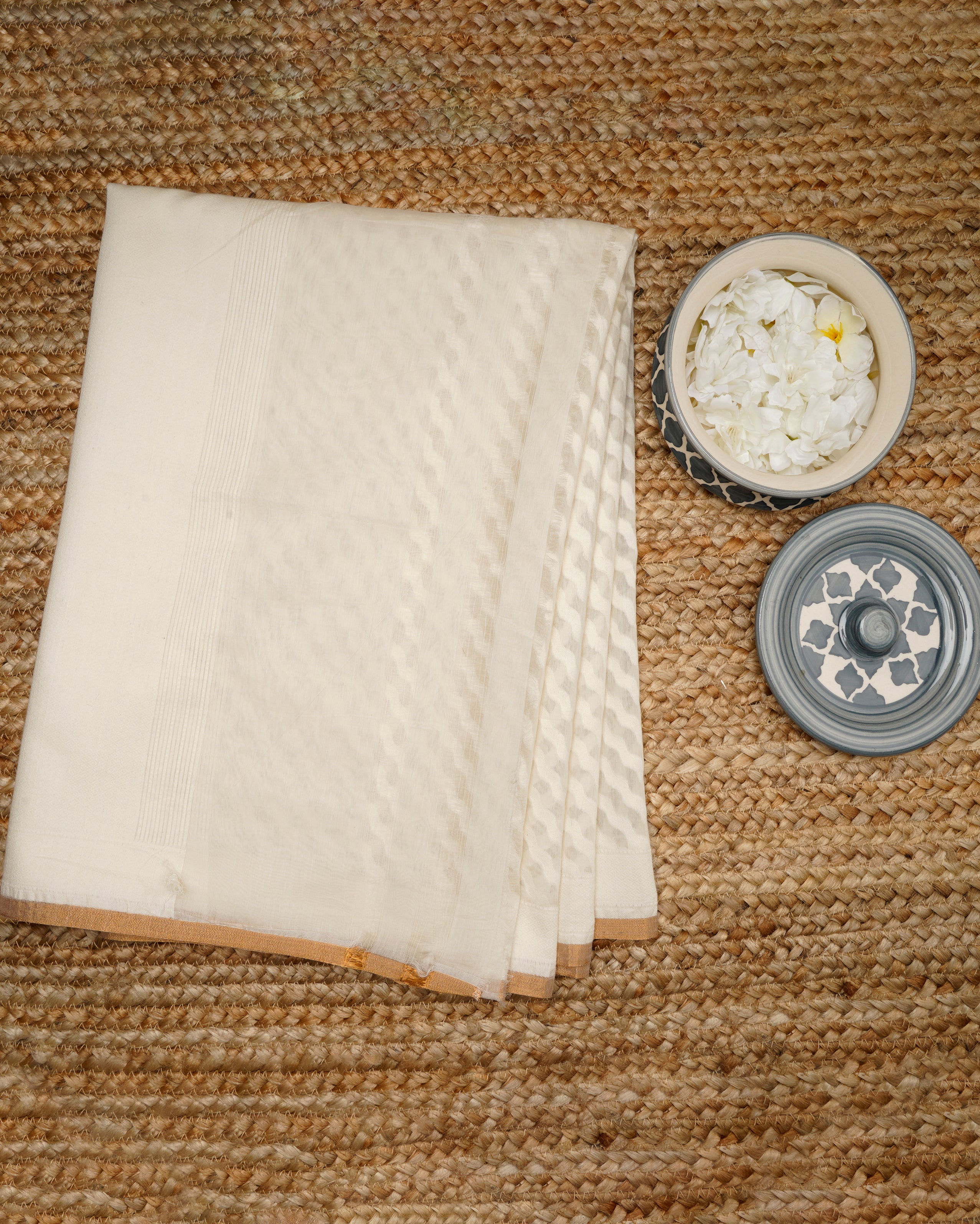 Off White Color Handwoven Jacquard Cotton Silk Dupatta with Zari Border