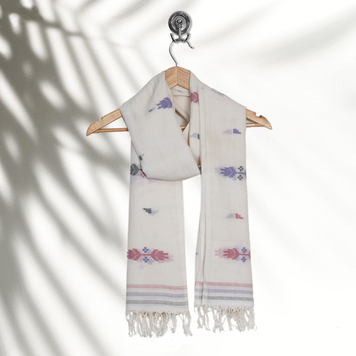 Off-White Color Handwoven Jamdani Cotton Stole with Tassels