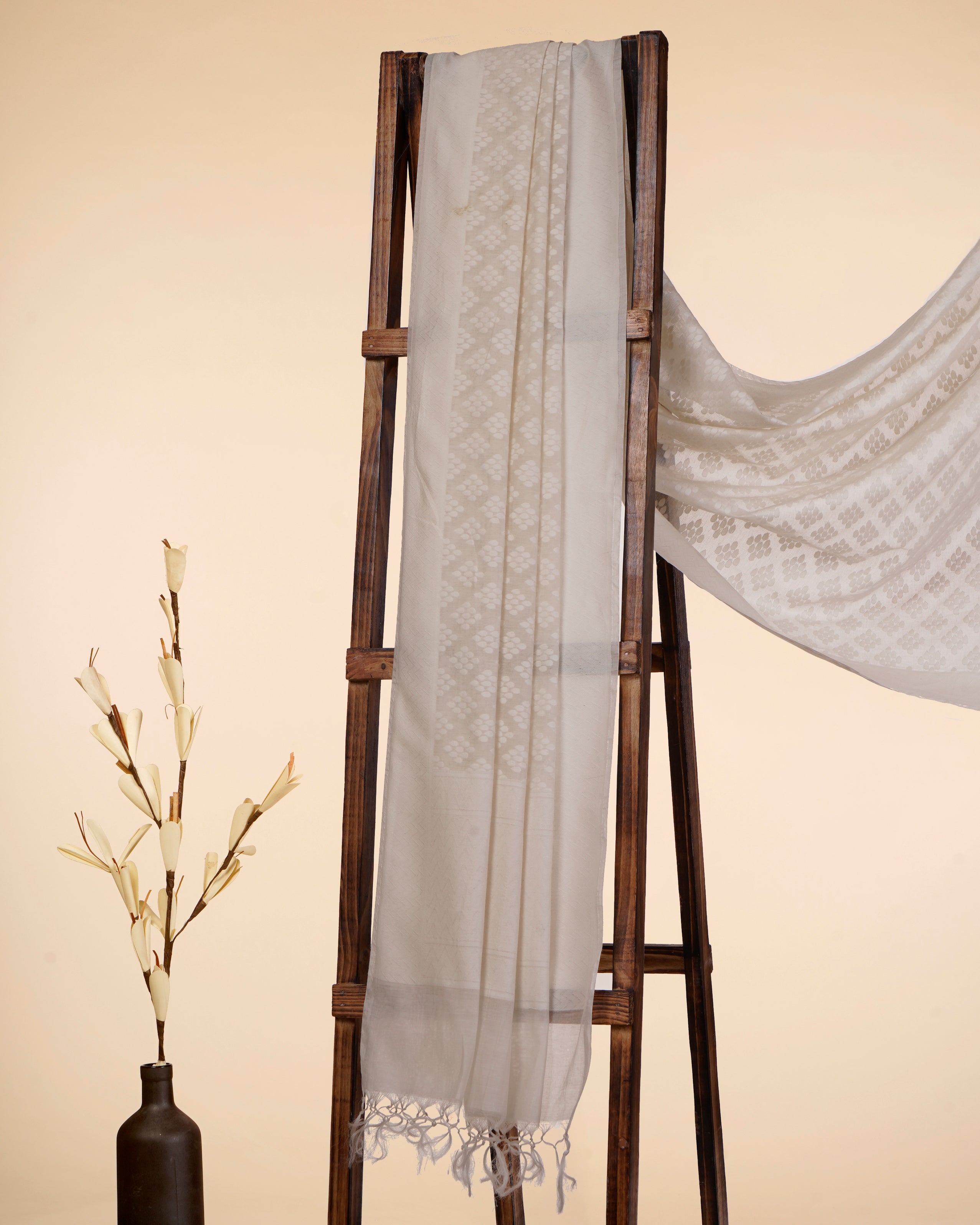 Off White Color Handwoven Jacquard Cotton Silk Dupatta with Tassels